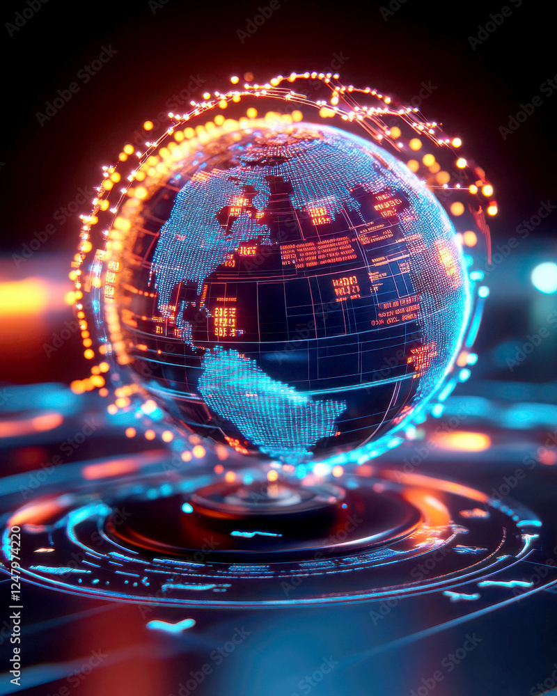 Poster abstract digital globe with glowing connections and data points.