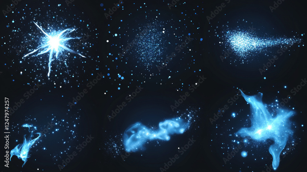 Poster blue explode glow shine and light ray burst vector effect set isolated on transparent background. ma