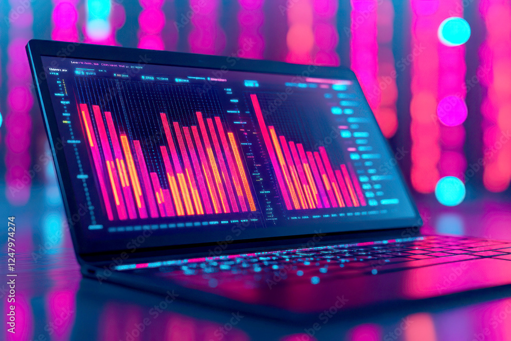 Poster an illuminated laptop displaying vibrant data visualizations.