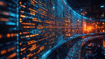 Abstract digital tunnel filled with glowing orange and blue code, creating a dynamic and futuristic effect