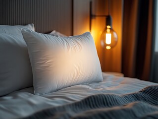 White Pillow on Bed, Cozy Bedroom, Warm Light