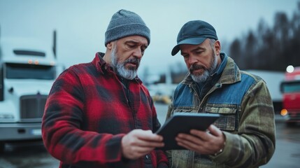 Fototapeta premium Two truckers reviewing a tablet outdoors.