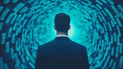 A person in a suit stands facing a swirling, illuminated tunnel, suggesting a journey through data or information.