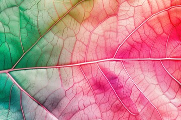 Colorful red pink green macro foliage leaf vein texture background, abstract natural texture colorful banner.
