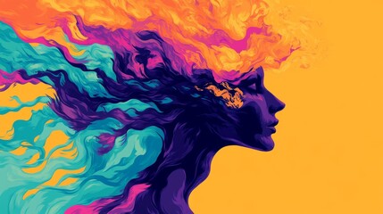 Colorful artistic portrait of a woman in profile with dynamic brushstrokes and vibrant color scheme against a yellow background