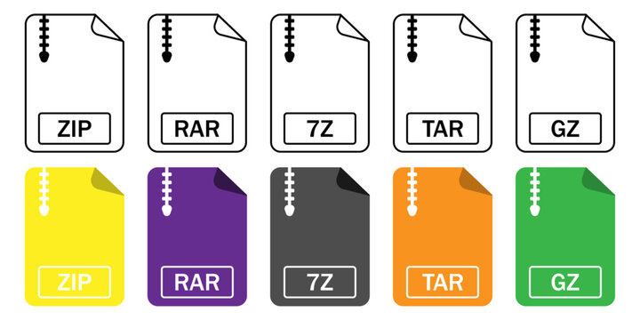 Compressed file format icons set. ZIP RAR 7Z TAR GZ symbols. Archive file types for interface systems. Data compression usage elements. Digital archive format identifiers.