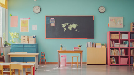 Classroom of history empty interior, school class room with teacher table, green blackboard with scheme, map and clock hanging on wall, books cupboard, studying items. Cartoon vector illustration