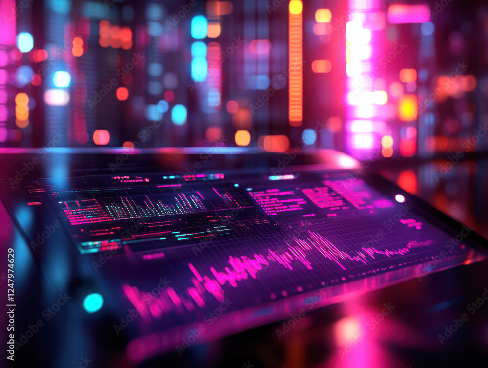 Poster futuristic data interface with vibrant digital visualization.
