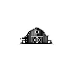 Black and white barn silhoutte with a picket fence and a simple, graphic style. © MatandSterre
