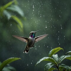 A small hummingbird shaking off water droplets mid-flight, its wings shimmering in the drizzle against a jungle background.