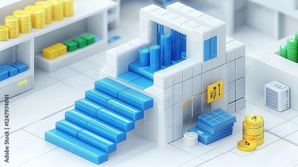 Poster abstract data flow visualization blue blocks digital stairs technology innovation