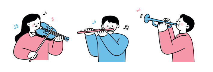 A cute and minimalist illustration of musicians playing violin, flute, and trumpet. A charming and modern flat design representing music, orchestra, and performance. © MINIWIDE