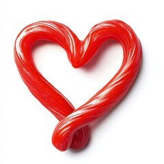 A red licorice candy twisted into the shape of a heart, on isolated white background