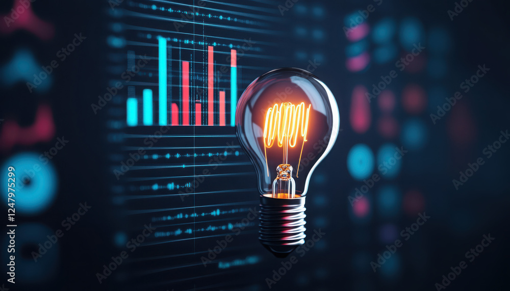 Poster illuminated light bulb with data graphs in the background.