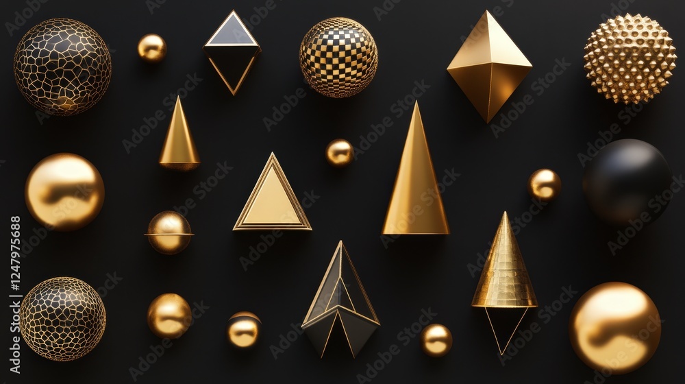 Poster geometric shapes and objects in gold color on a dark background