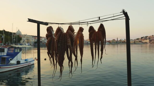 Rows of freshly caught squid hanging to dry under the warm Greek sun by the harbour of Mitylene, Greece.