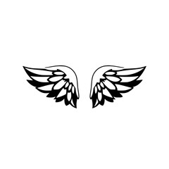 Symmetrical black and white image of angel wings on a plain white background. The wings are detailed and simplified.
