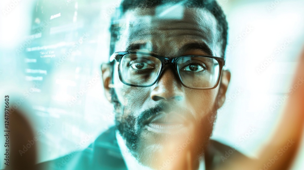Poster focused professional in eyeglasses engaging with digital technology and data visualization in modern