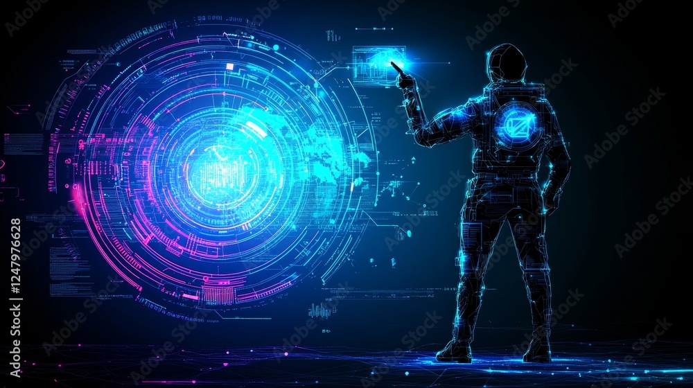Aufkleber futuristic metaverse humanoid interacting with digital hologram sphere exploring data streams and vi