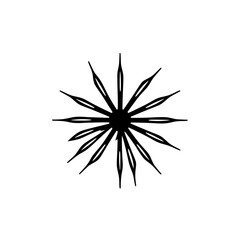 A symmetrical black and white drawing of a radial, star-like form on a white background with fine, radiating lines.