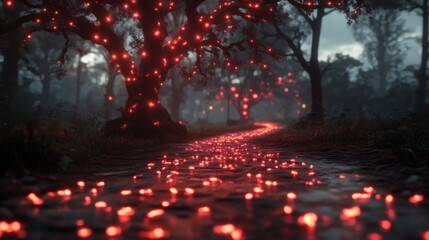 A mesmerizing pathway adorned with glowing red lights snakes through a misty enchanting forest illuminating the dark landscape