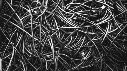 Entangled network cables creating a monochrome abstract pattern