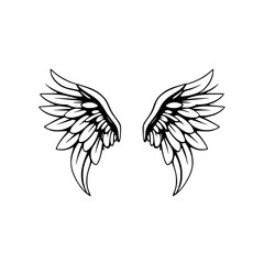 Black and white illustration of angel wings against a white background.