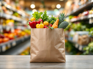 Groceries fill paper bag displayed on table at supermarket healthy food choices freshness