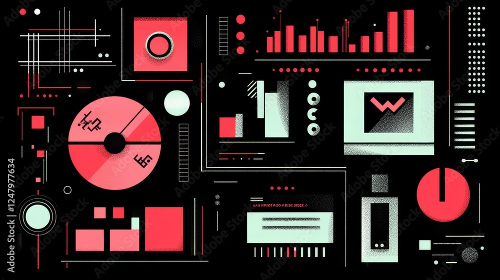 Aufkleber abstract geometric data visualization dashboard technology background trendy red and black pixel art