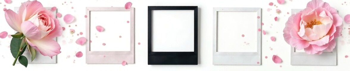 Black square Polaroid frame mockup, isolated on white , still life, contrast, photography