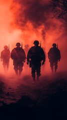 Soldiers march through fiery battlefield smoke