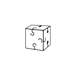 Cuboid illustration of puzzle, features puzzle pieces in black outline with minimal design.