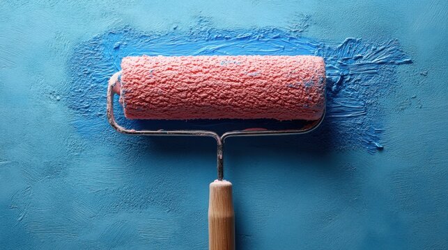 Pink Paint Roller Applying Blue Paint on Textured Wall Home Improvement Project - Powered by Adobe