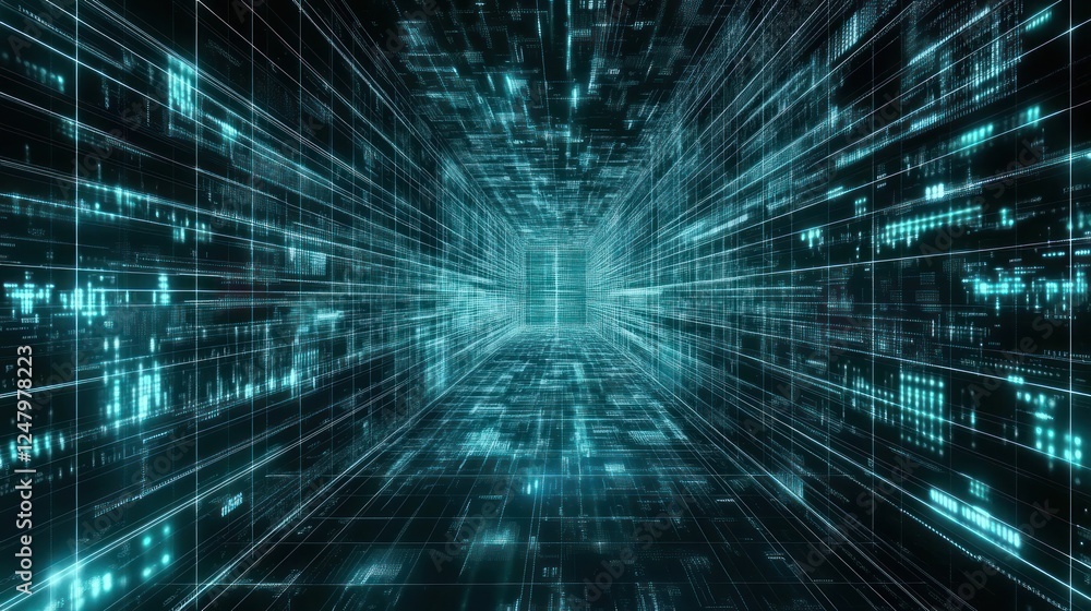 Poster futuristic digital data stream tunnel: visualizing high-tech information flow