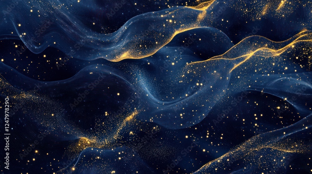 Poster golden particles and blue waves abstract background with dynamic flow