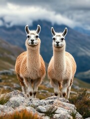 Fototapeta premium Two llamas stand side by side on rocky terrain, surrounded by breathtaking mountain scenery.