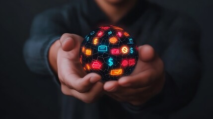 Individual holding a glowing digital globe with various icons, symbolizing global connectivity and technology