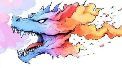 Naklejka premium A vividly colored dragon head roars with teeth bared transitioning from cool blues to fiery oranges in a swirling smoky gradient