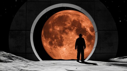 Naklejka premium Silhouette of a person standing on a rocky surface against an enormous brightly lit moon seen through a futuristic portal at nighttime