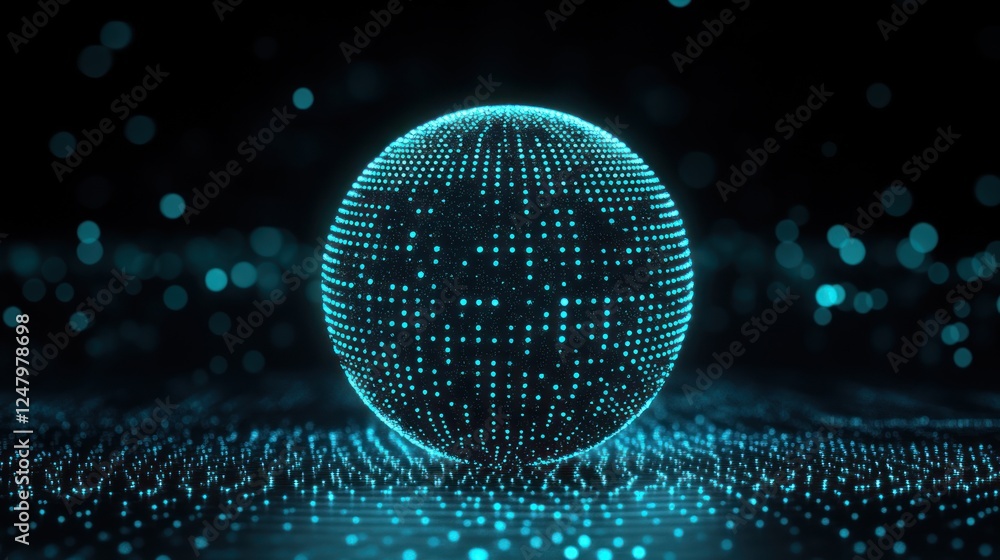 Poster glowing cyan sphere on dark background with particles.