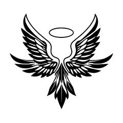 Stylized Black Angel Wings with Halo on White Background. Elegant and Minimalist Design.