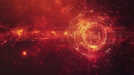 Fototapeta premium Abstract red digital technology background with glowing circular HUD interface and circuit lines.