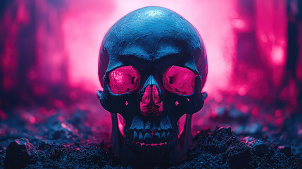 Neon-lit human skull in dark, smoky setting.