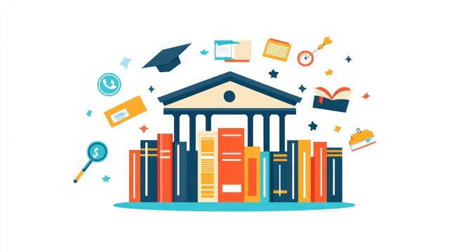 Illustration of a university building with books, graduation cap, and other education-related items.