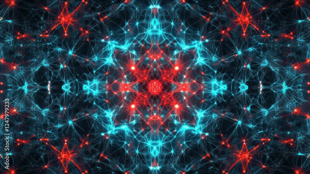Poster vibrant neural network fractal with red and cyan light patterns