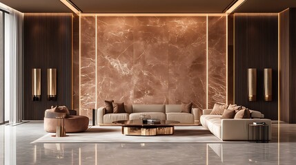 Luxurious Modern Living Room Interior Design with Brown Marble Accent Wall