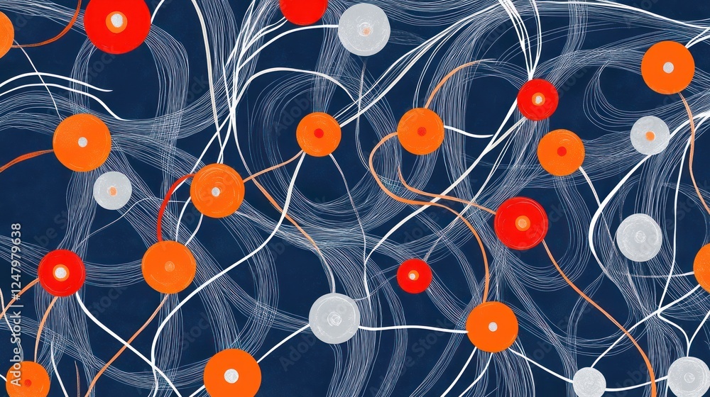 Poster abstract network of circles and lines on a deep blue background graphic