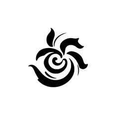 Fototapeta premium Black swirling floral design on white background. A stylized abstract graphic with a spiral center and leaves.