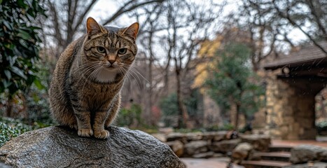 A curious cat perches on a rock in a serene, wooded garden, surrounded by greenery and stones, exuding a sense of calm and tranquility.