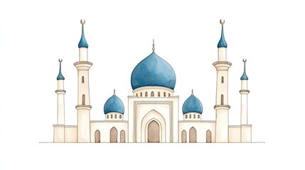Fototapeta premium A beautifully illustrated mosque with blue domes and minarets, showcasing intricate architectural design